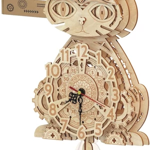 Wooden 3D Puzzle Cat Clock – Interactive Decor