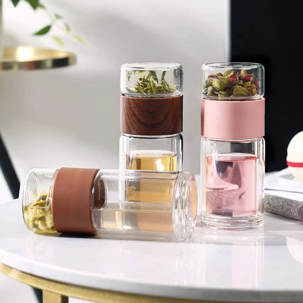 GUOJIMING Double Wall Glass Tea Tumbler with Infuser